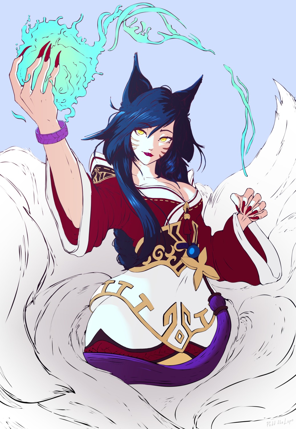 ahri animal_ears japanese_clothes kitsune league_of_legends no_bra tagme tail