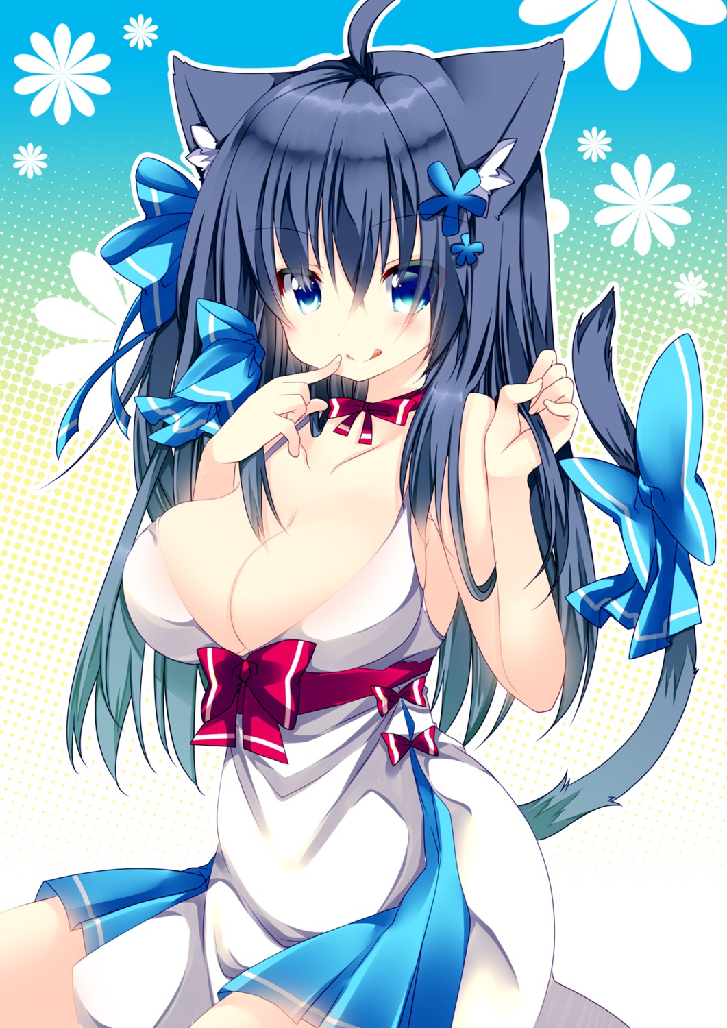 animal_ears cleavage dress hikanyan nekomimi no_bra tail