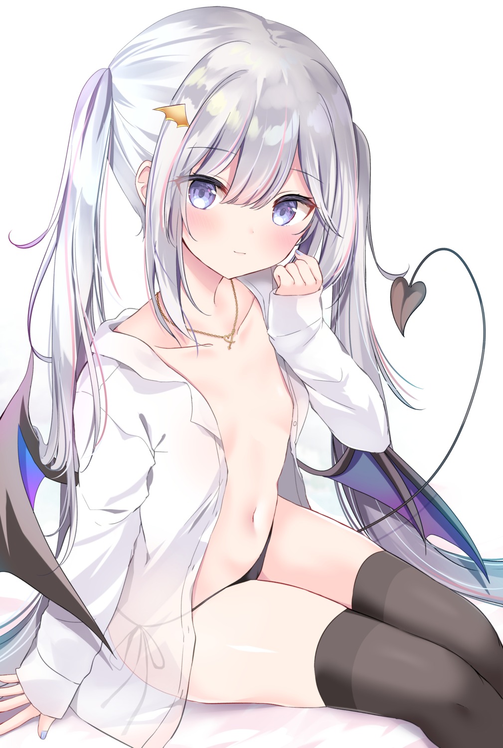 dress_shirt no_bra open_shirt pantsu see_through string_panties tail thighhighs wings yuimisu