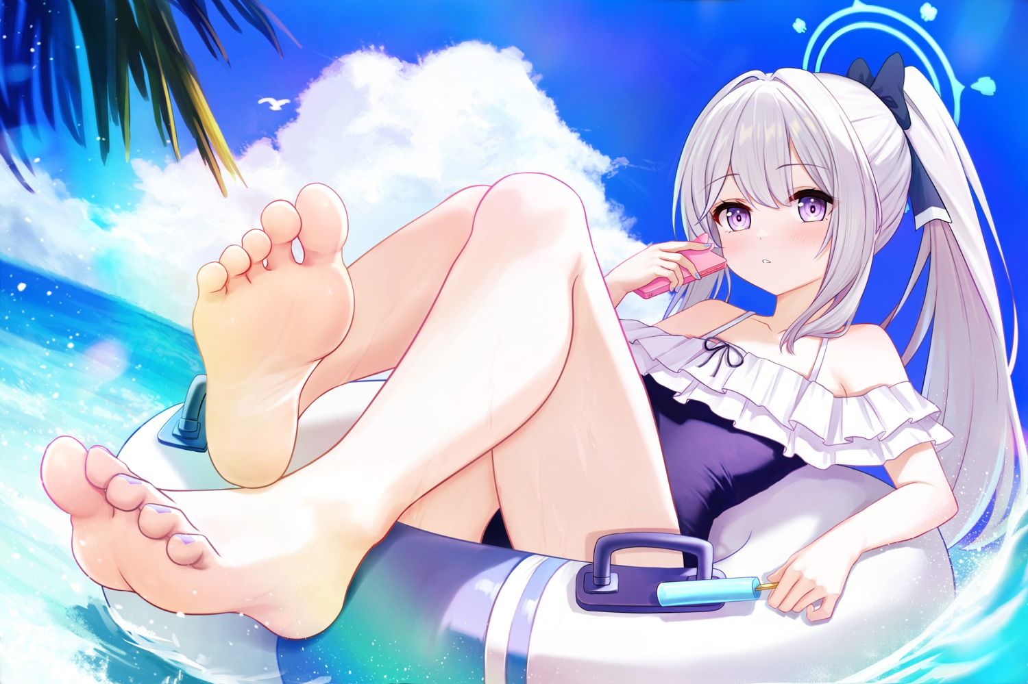 blue_archive feet halo kazamatsuri_honatsu loli swimsuits tsukiyuki_miyako