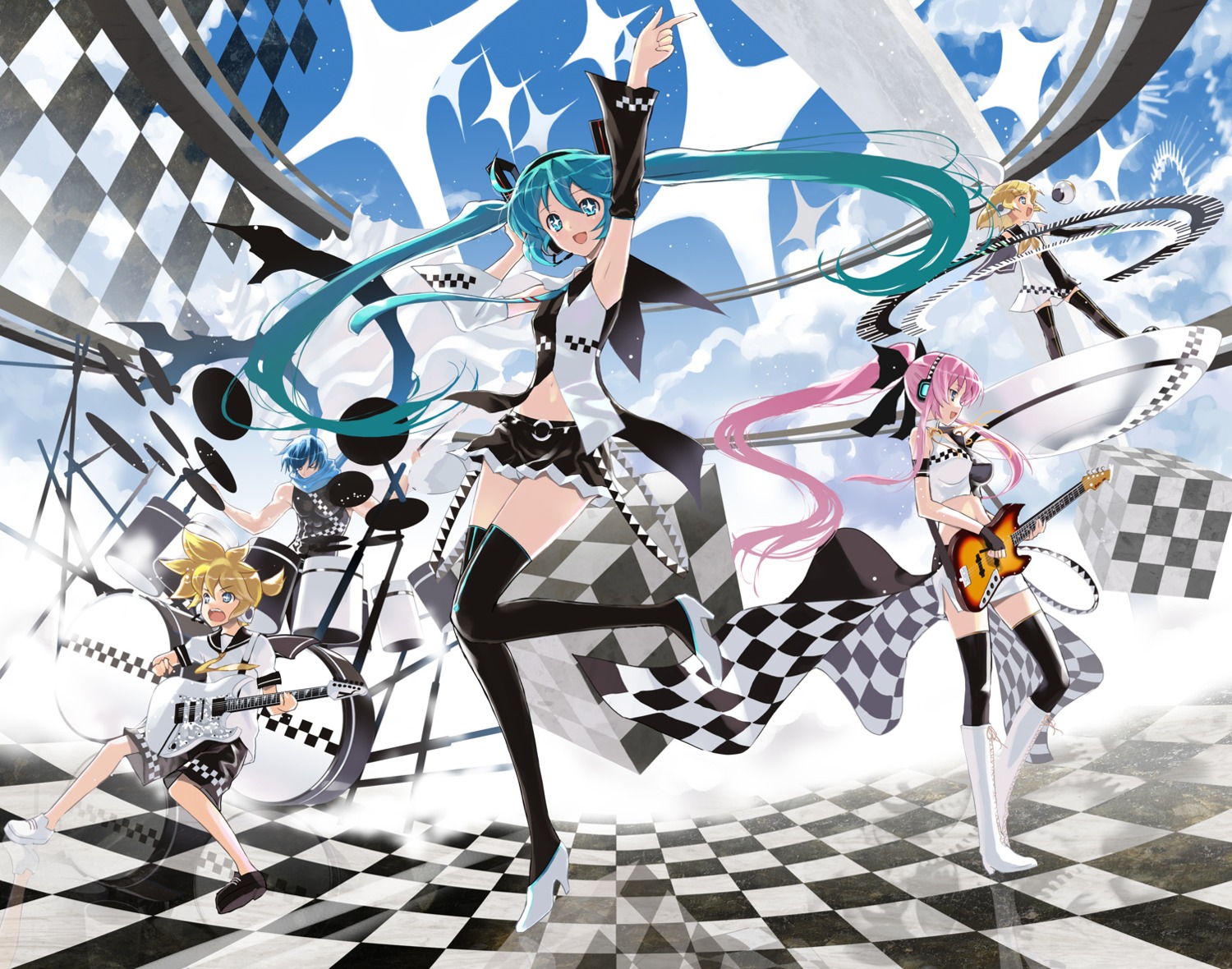 achunchun guitar hatsune_miku headphones kagamine_len kagamine_rin kaito megurine_luka thighhighs vocaloid