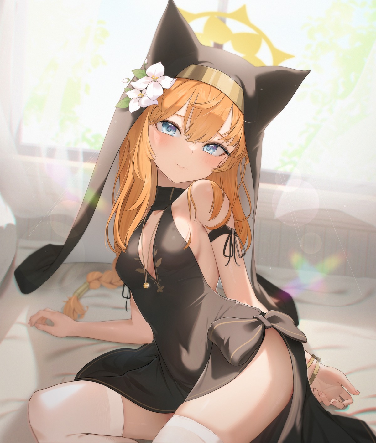 animal_ears blue_archive chiu538 halo iochi_mari loli nekomimi no_bra nopan nun skirt_lift thighhighs