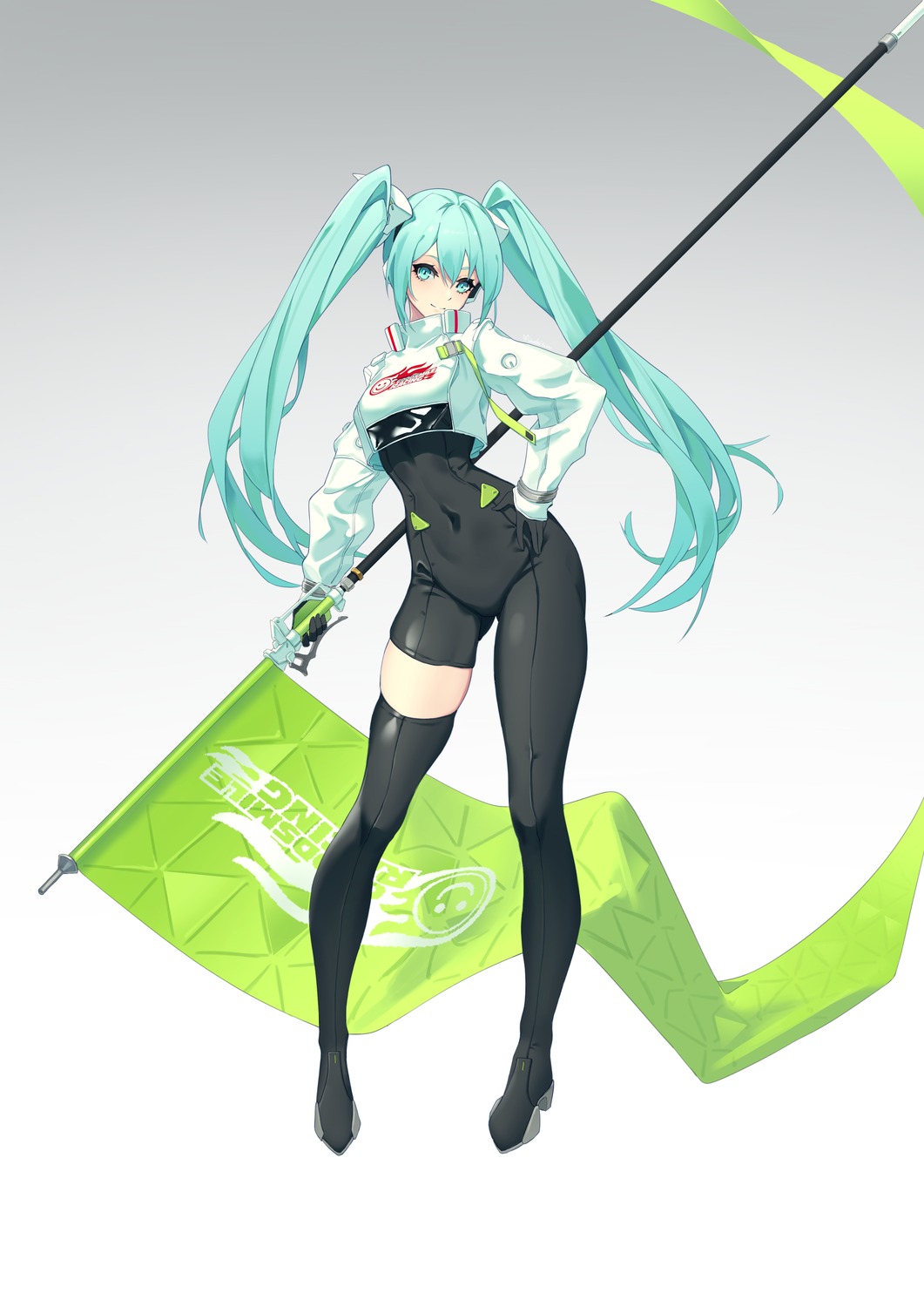 bodysuit goodsmile_racing hatsune_miku headphones heels mizuki3000 racing_miku thighhighs vocaloid