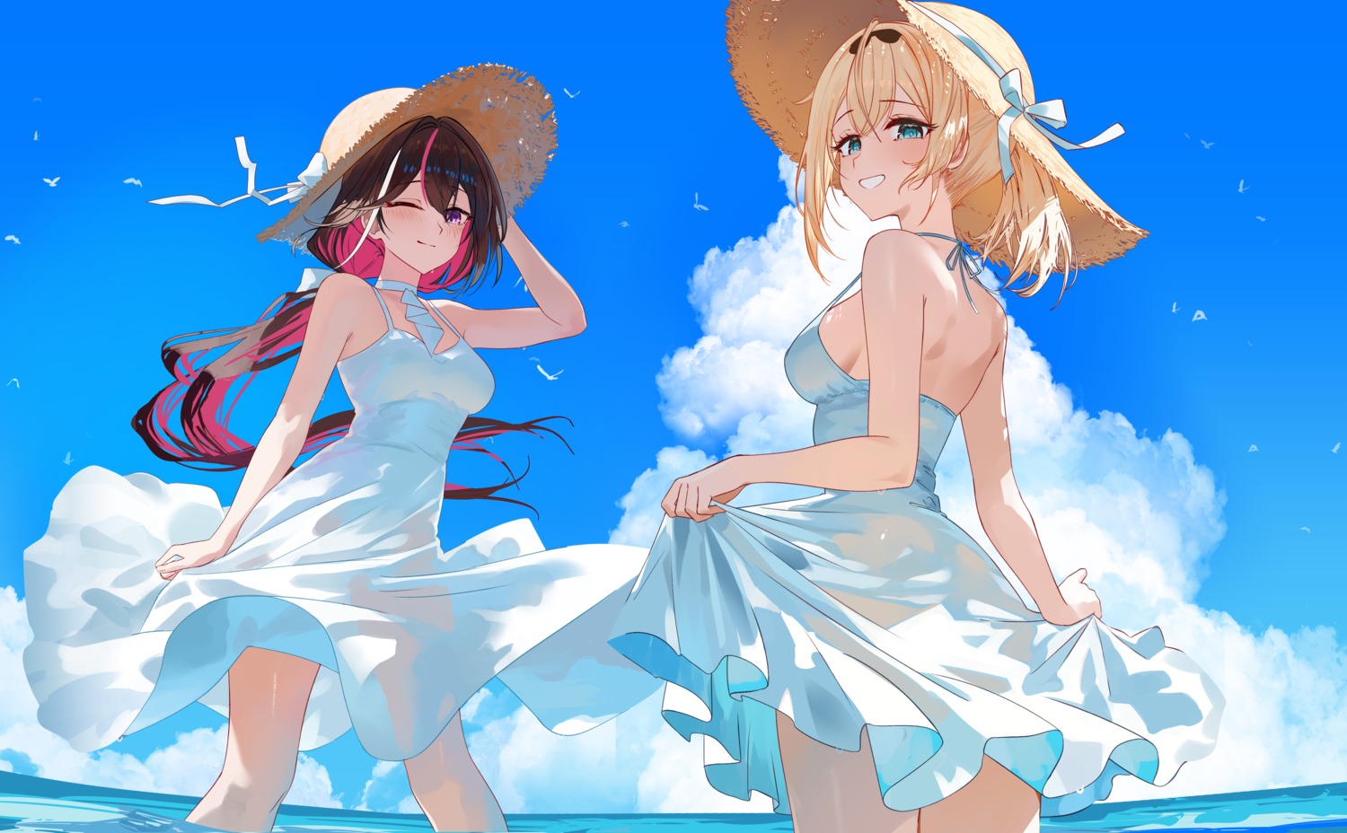 azki_(hololive) dress hololive kazama_iroha no_bra see_through skirt_lift summer_dress wet wet_clothes zakimpo