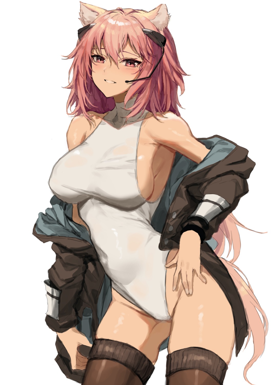 animal_ears arknights gravel_(arknights) leotard molyb no_bra see_through thighhighs