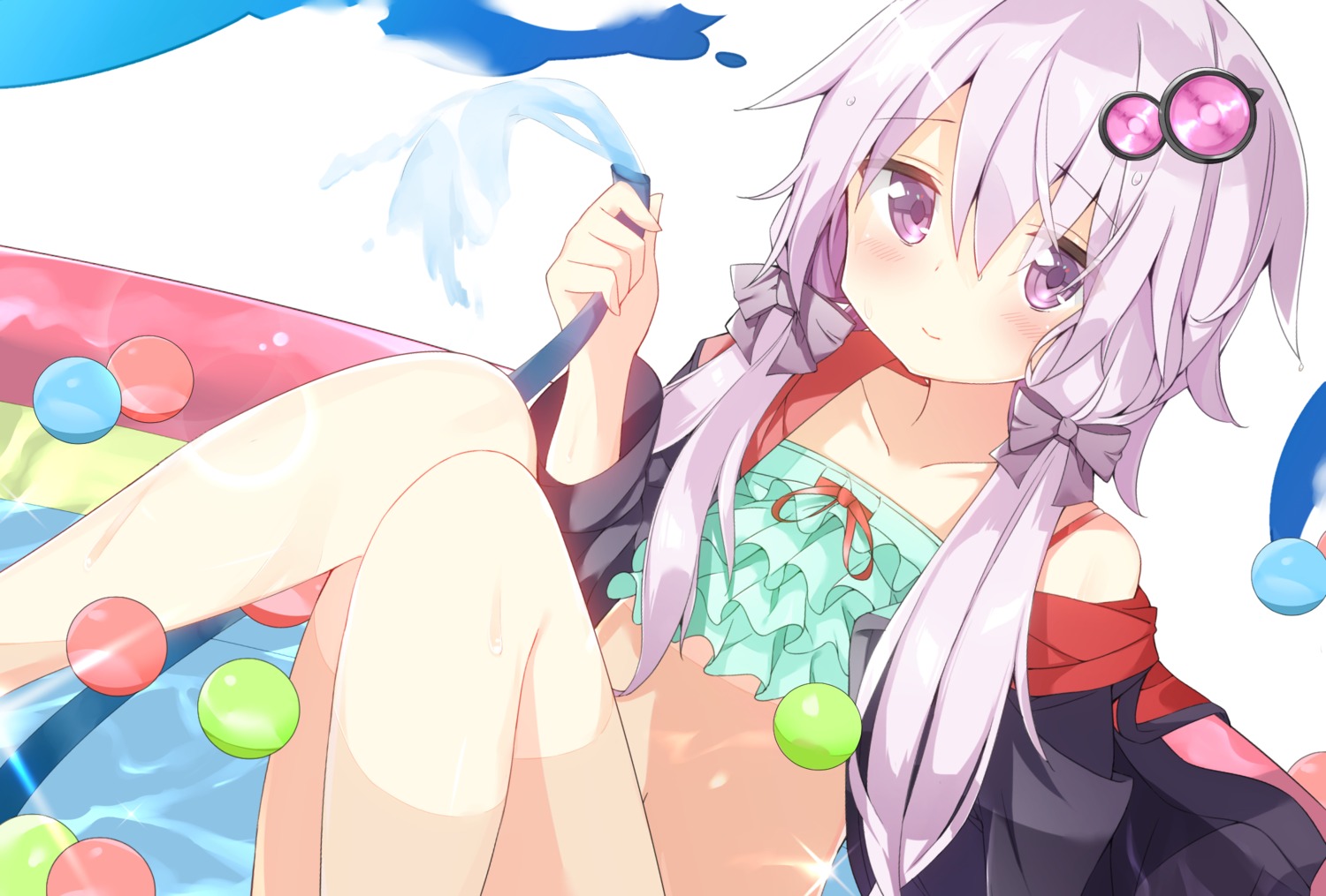 bikini_top bottomless kamioka_chiroru open_shirt swimsuits vocaloid wet yuzuki_yukari