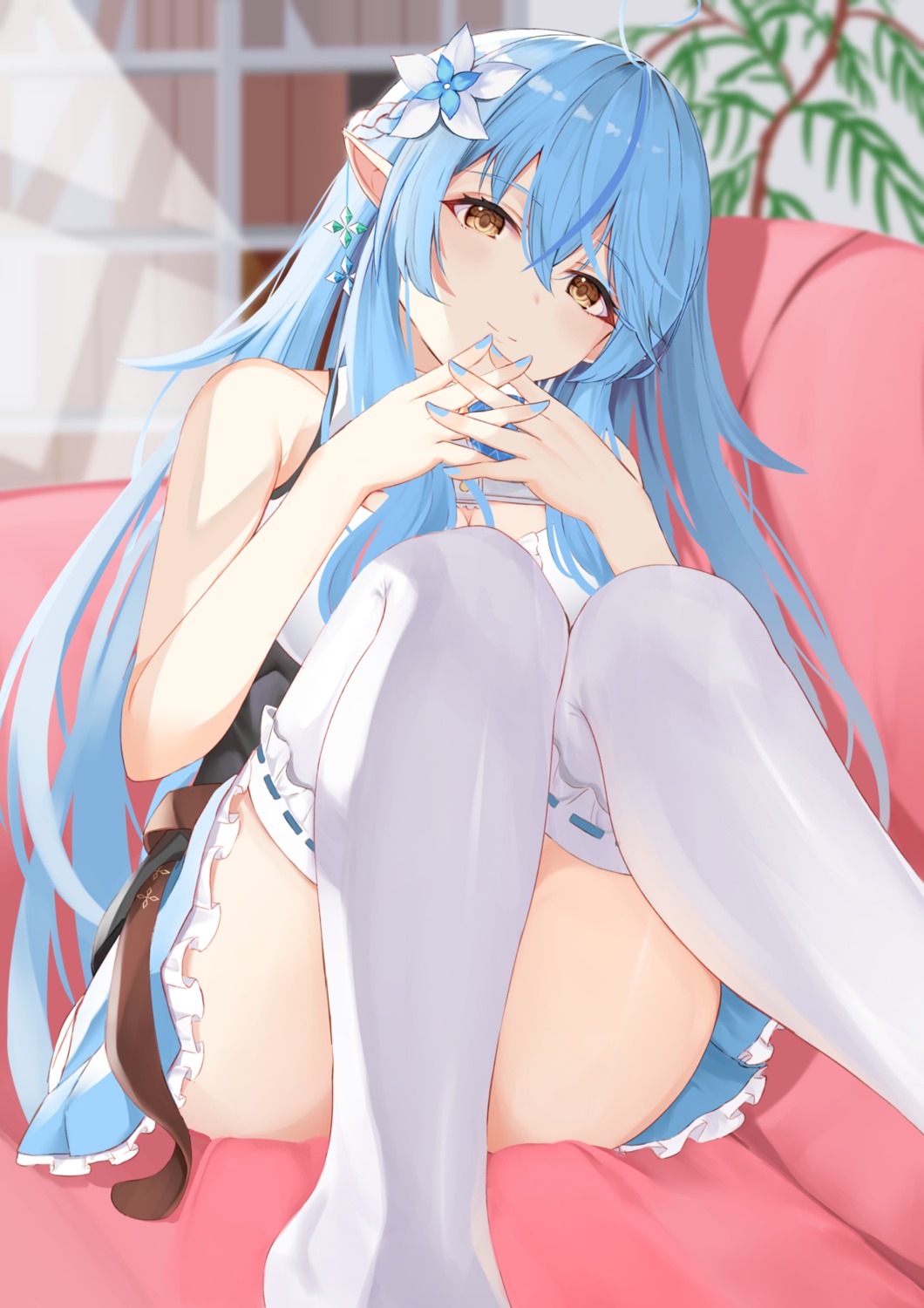 cleavage elf hololive nolt pointy_ears skirt_lift thighhighs yukihana_lamy