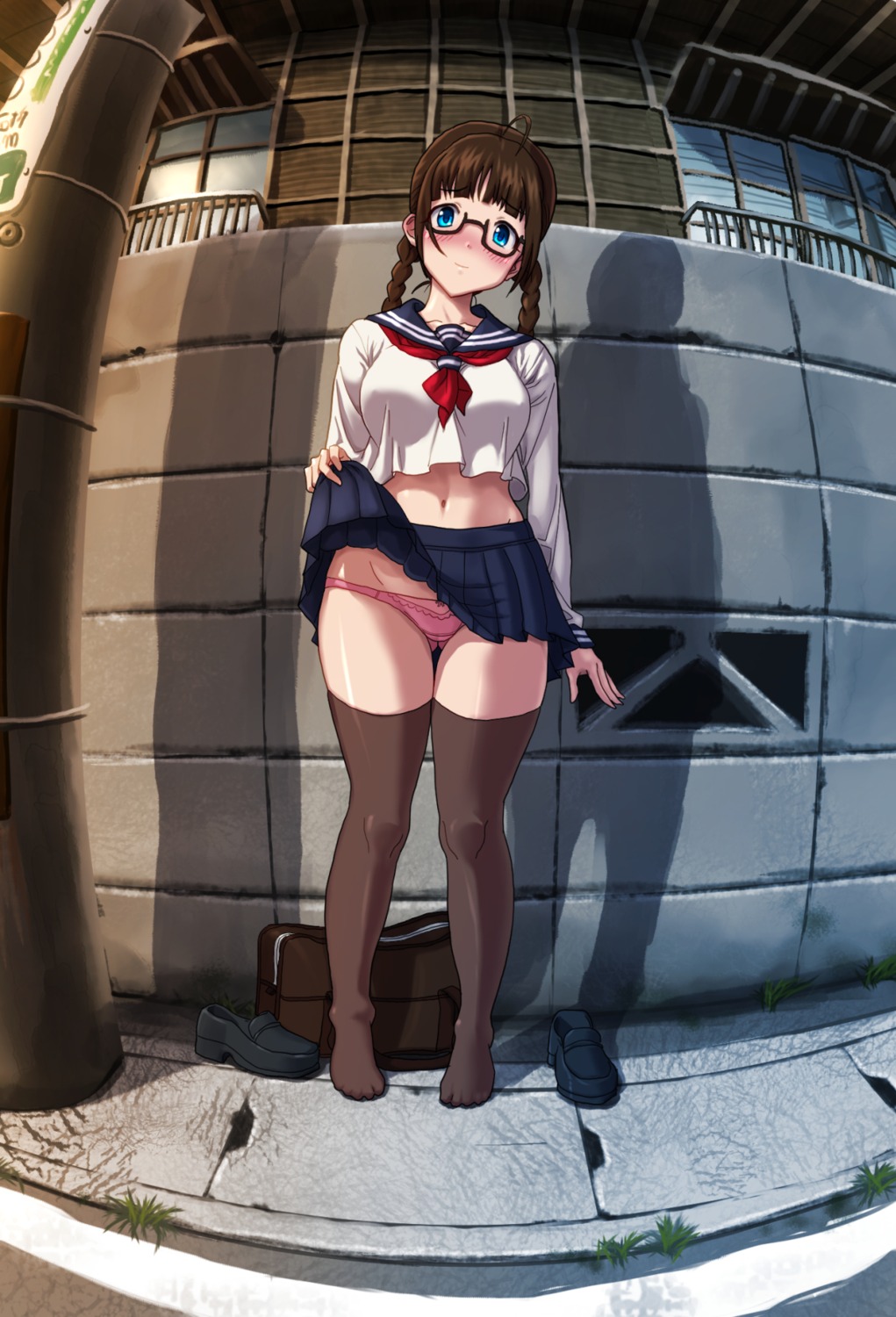 kezune megane pantsu seifuku skirt_lift thighhighs