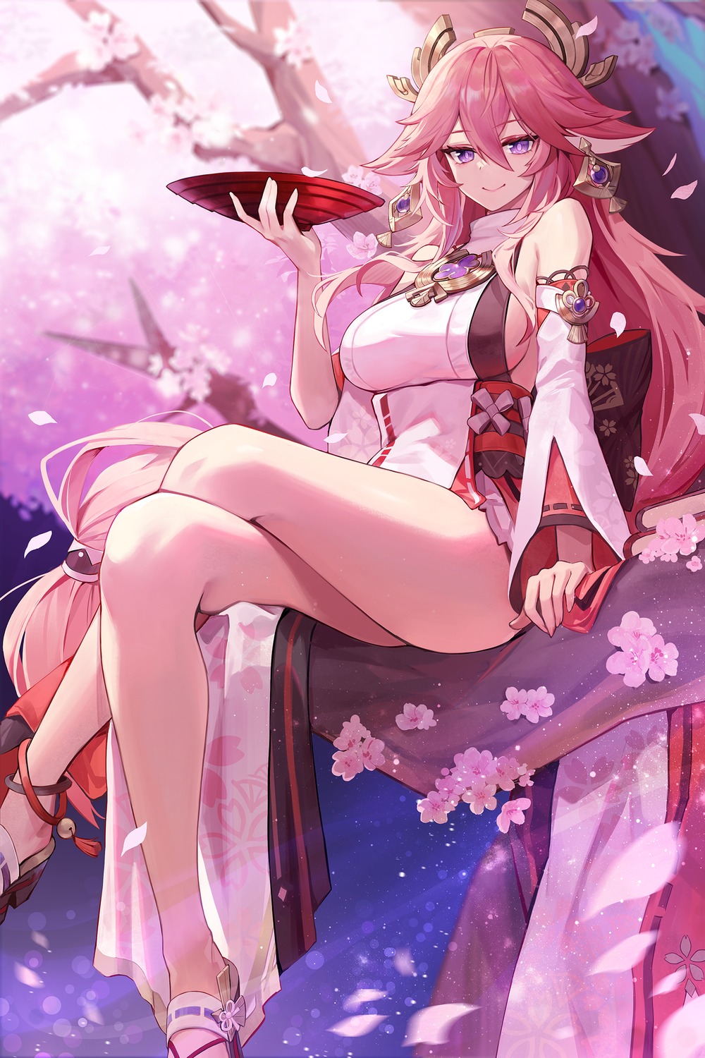 animal_ears genshin_impact japanese_clothes kitsune laevan no_bra sake yae_miko