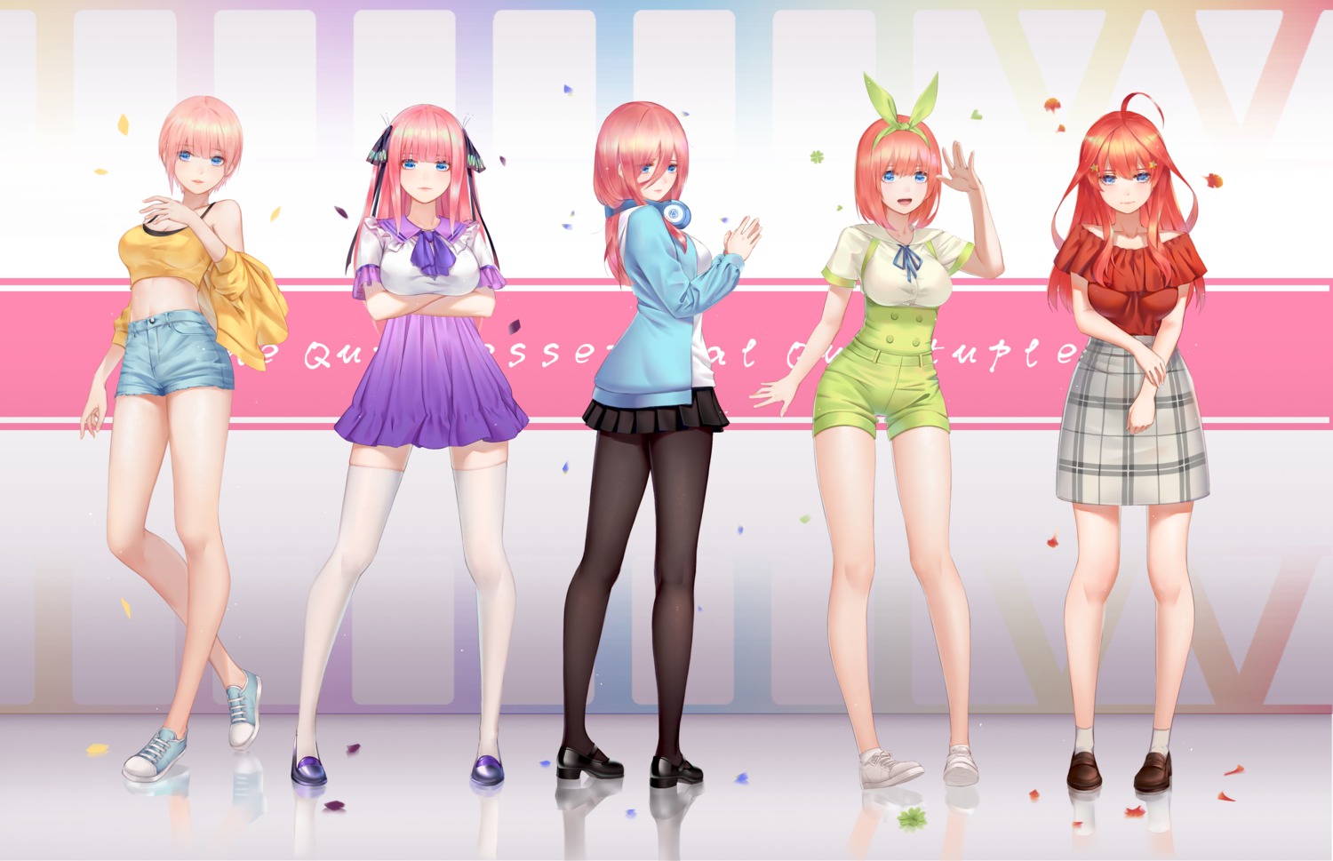 5-toubun_no_hanayome breast_hold cleavage headphones nakano_ichika nakano_itsuki nakano_miku nakano_nino nakano_yotsuba negi3 pantyhose seifuku sweater thighhighs