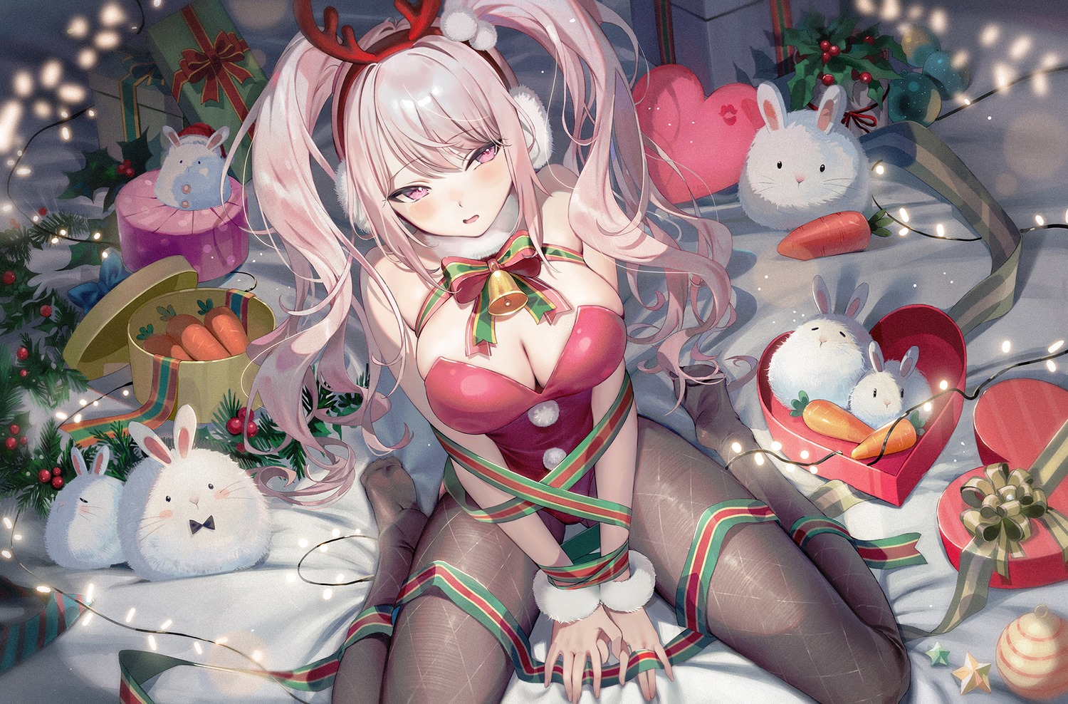 alice_(nikke) bondage christmas emyo fishnets goddess_of_victory:_nikke horns leotard no_bra pantyhose