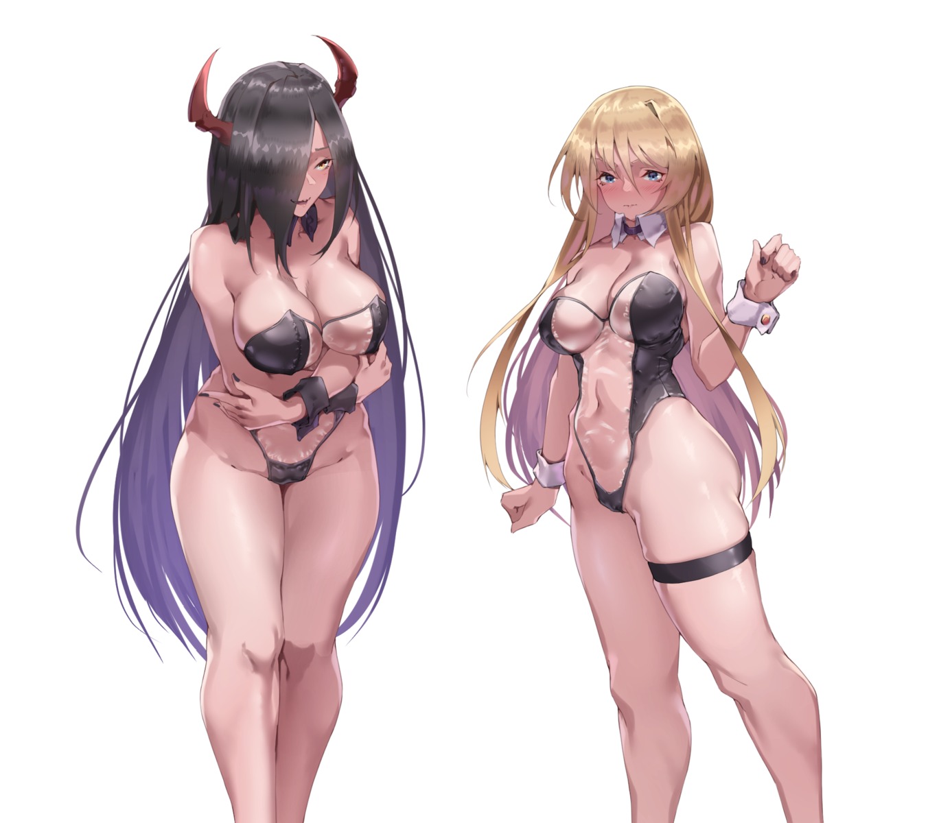 azur_lane bismarck_(azur_lane) cameltoe filin friedrich_der_grosse_(azur_lane) garter horns leotard no_bra see_through