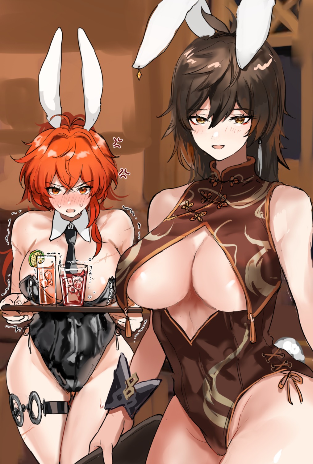 animal_ears areola bunny_ears bunny_girl diluc garter genderswap genshin_impact hominamia no_bra tail zhongli