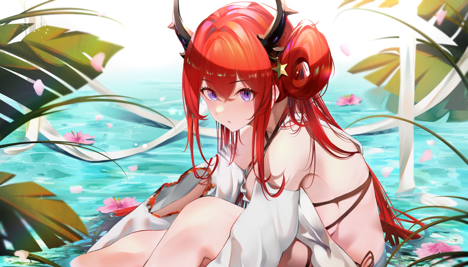 arknights bikini heimu_(heim_kstr) horns see_through surtr_(arknights) swimsuits torn_clothes wet