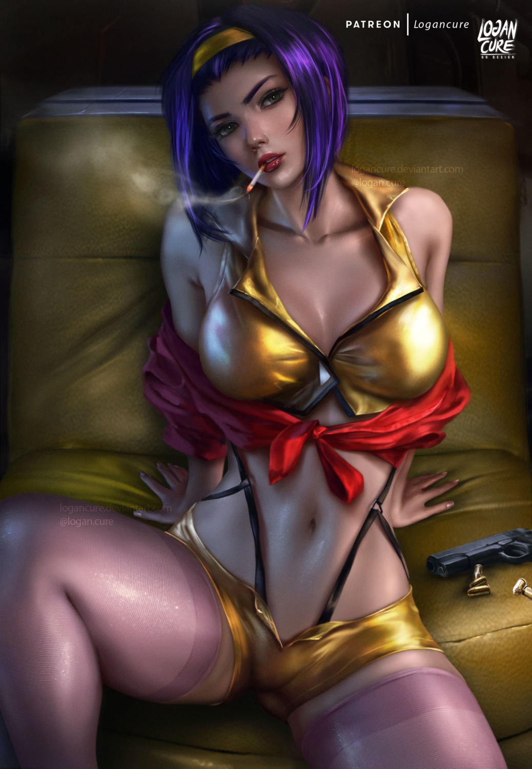 cleavage cowboy_bebop faye_valentine gun logan_cure smoking sweater thighhighs