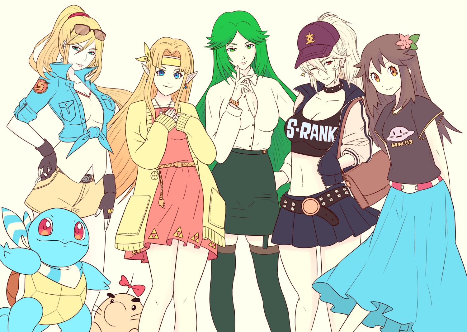 cleavage corrin_(fire_emblem)_(female) crossover dress dress_shirt fire_emblem fire_emblem_if kamui_(fire_emblem) kid_icarus leaf_(pokemon) megane metroid mother mr_saturn open_shirt palutena pointy_ears pokemon pokemon_frlg princess_zelda samus_aran squirtle stockings sweater the_legend_of_zelda thighhighs truejekart