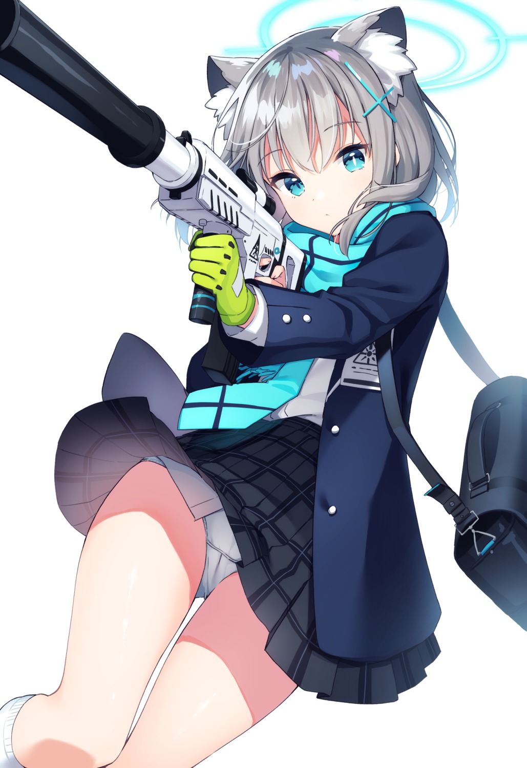 animal_ears blue_archive gun halo muninshiki nekomimi pantsu seifuku skirt_lift sunaookami_shiroko