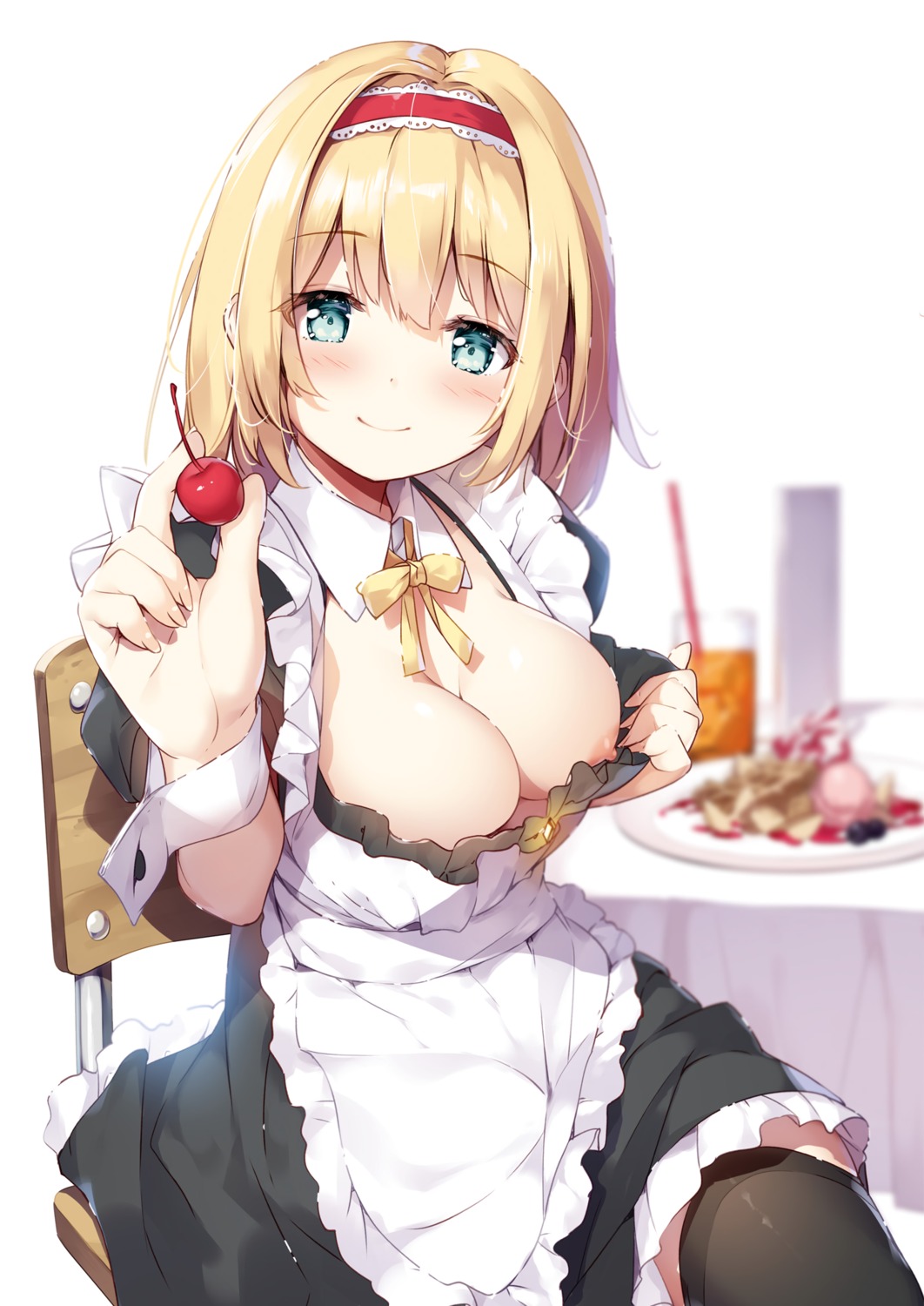 alice_margatroid breasts detexted maid miyase_mahiro nipples no_bra open_shirt skirt_lift thighhighs touhou undressing wardrobe_malfunction