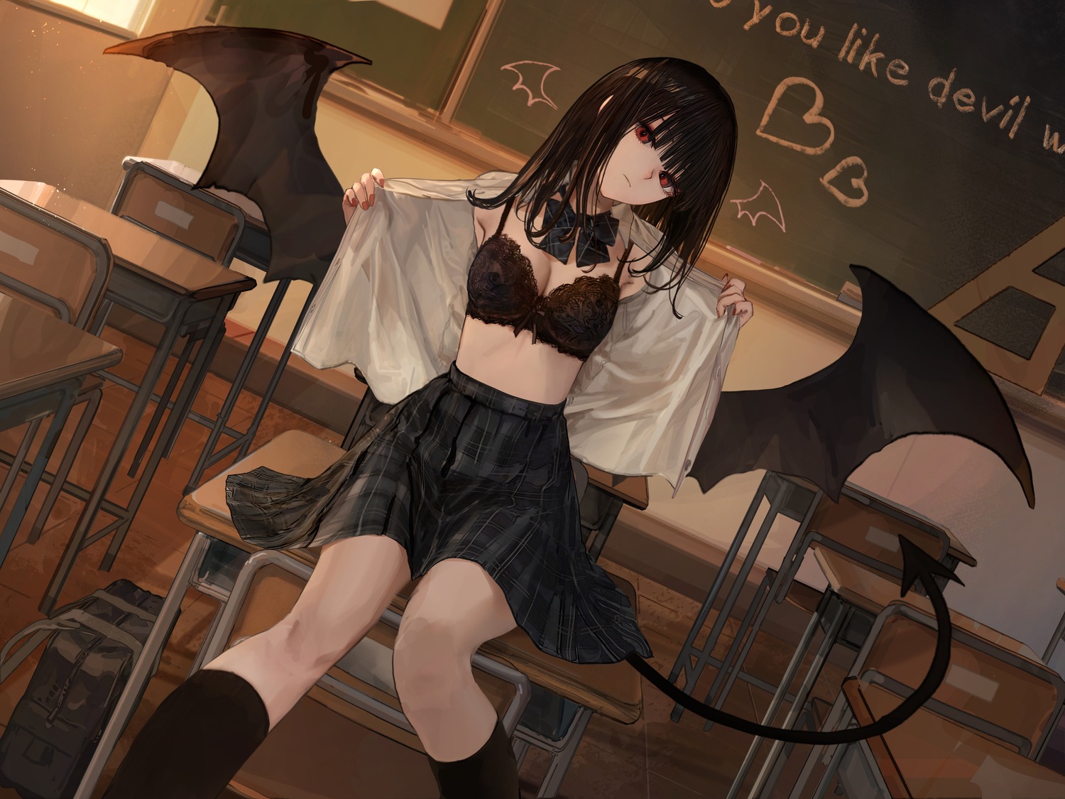 bra devil hashimoto_kokai open_shirt seifuku tail wings