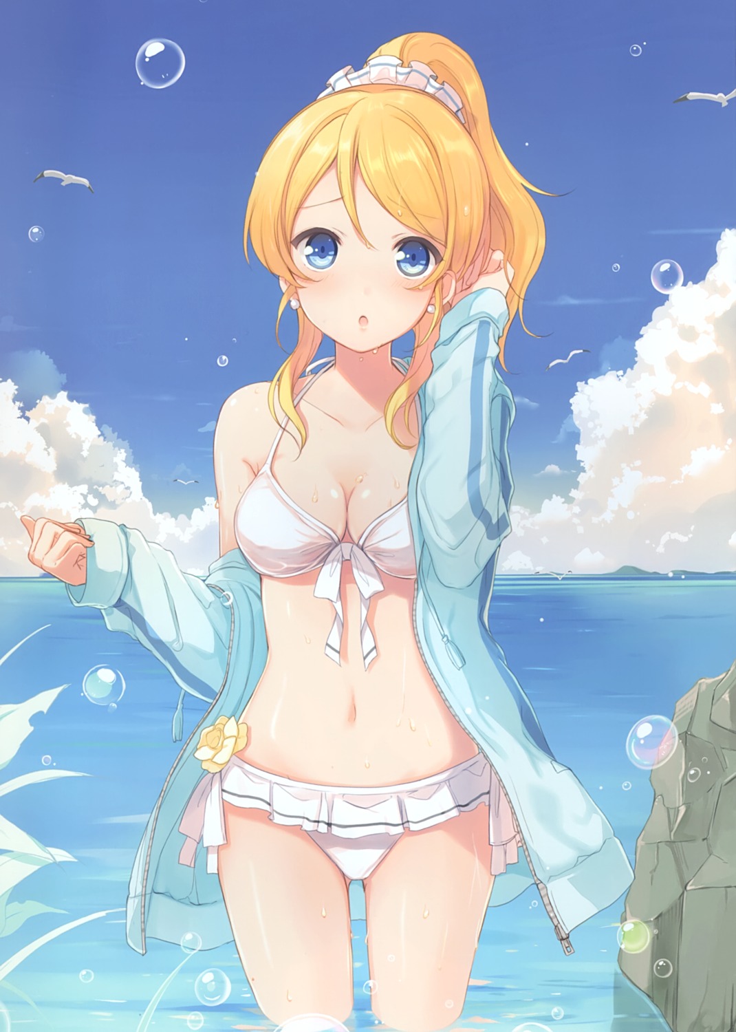 6u ayase_eli bikini cleavage eternal_land love_live! open_shirt swimsuits wet