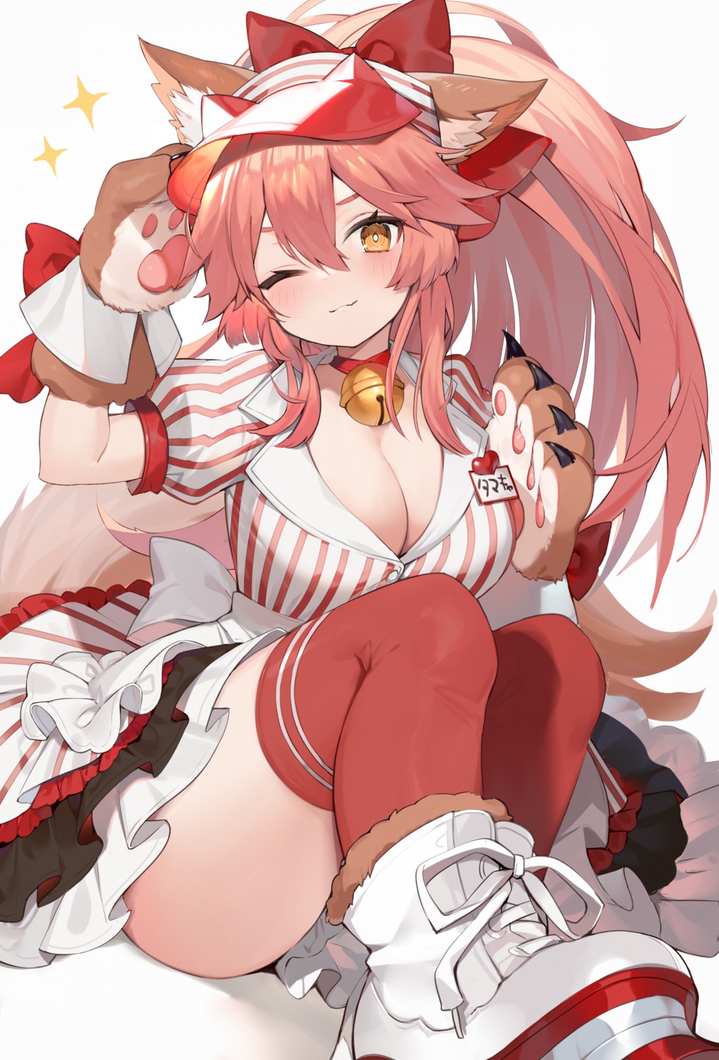 animal_ears fate/grand_order kitsune muryo no_bra skirt_lift tail tamamo_cat thighhighs uniform