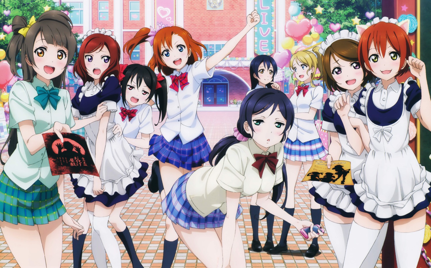 animal_ears ayase_eli hoshizora_rin koizumi_hanayo kousaka_honoka love_live! maid minami_kotori murota_yuuhei nekomimi nishikino_maki seifuku sonoda_umi thighhighs toujou_nozomi yazawa_nico