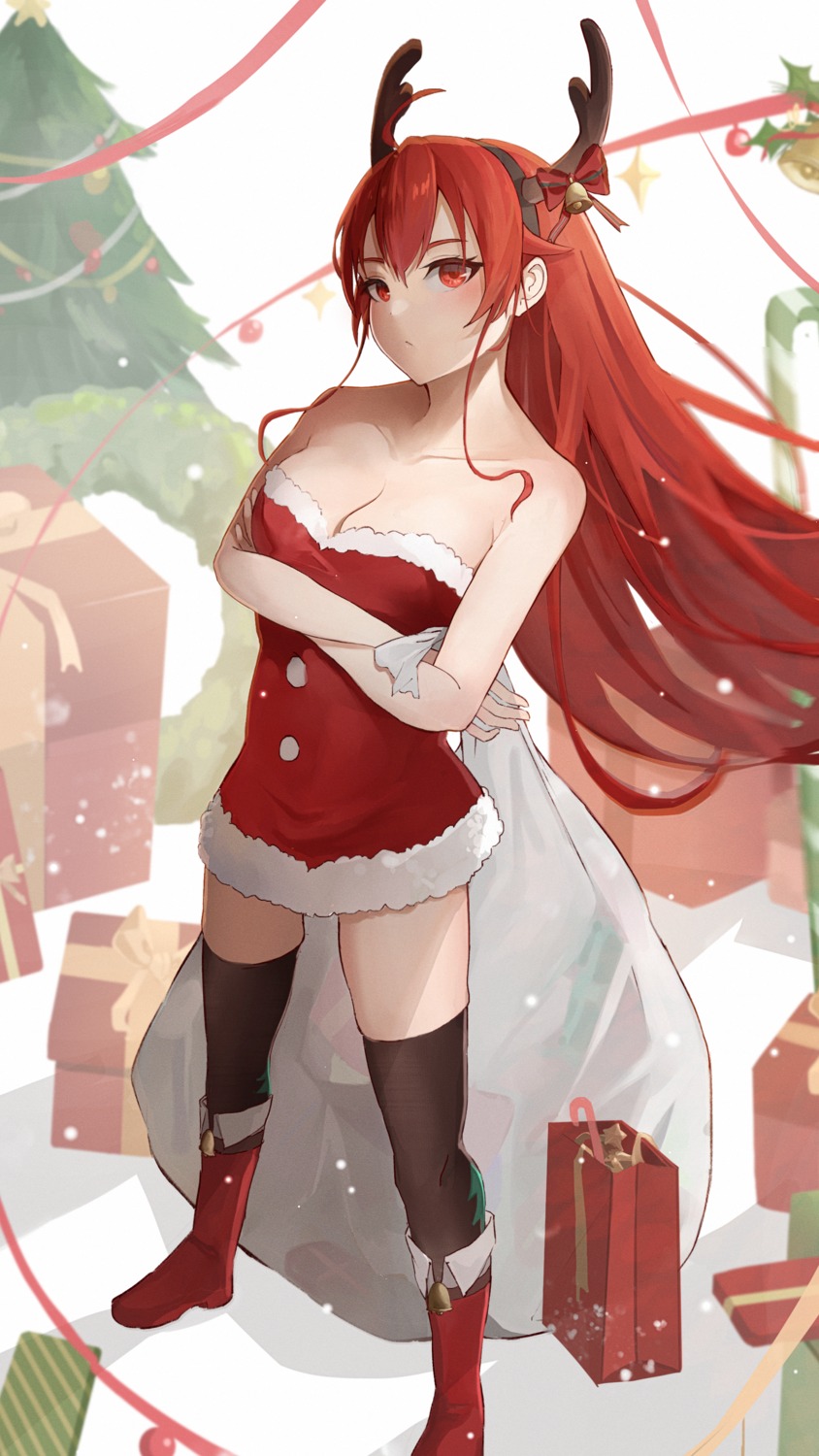 christmas dress eris_boreas_greyrat horns megu_(pixiv9460065) mushoku_tensei no_bra thighhighs