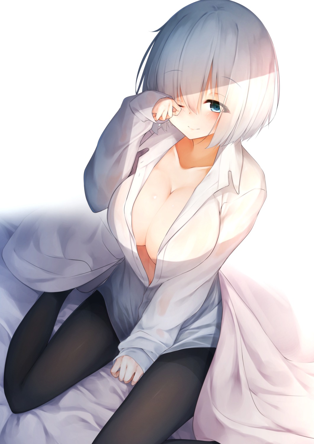 cleavage dress_shirt hamakaze_(kancolle) kantai_collection no_bra open_shirt pantyhose rerrere see_through