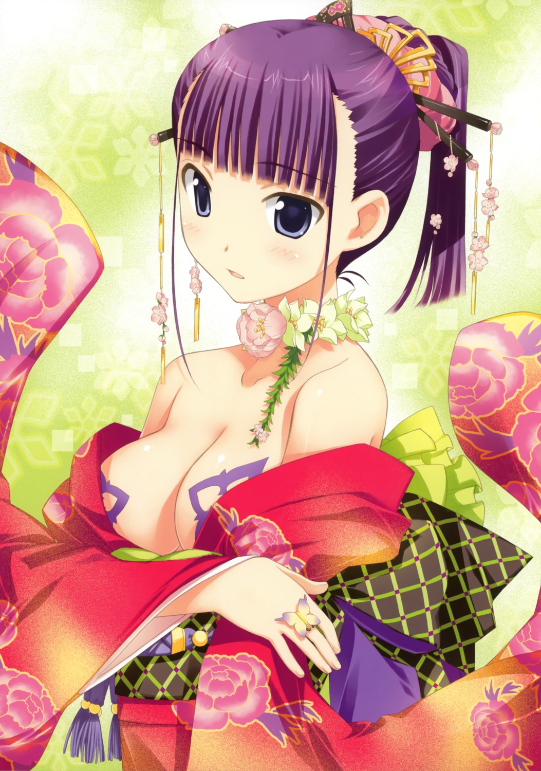 breast_hold cleavage fujima_takuya kimono open_shirt