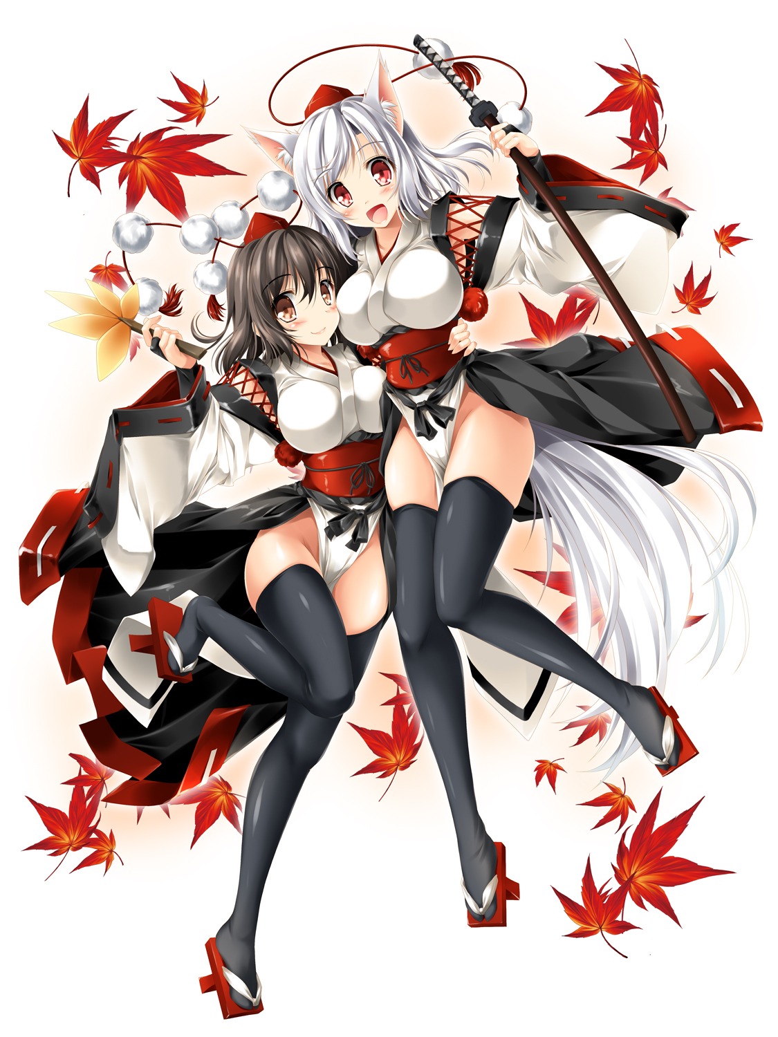 animal_ears inubashiri_momiji kamiya_tomoe shameimaru_aya sword tail thighhighs touhou