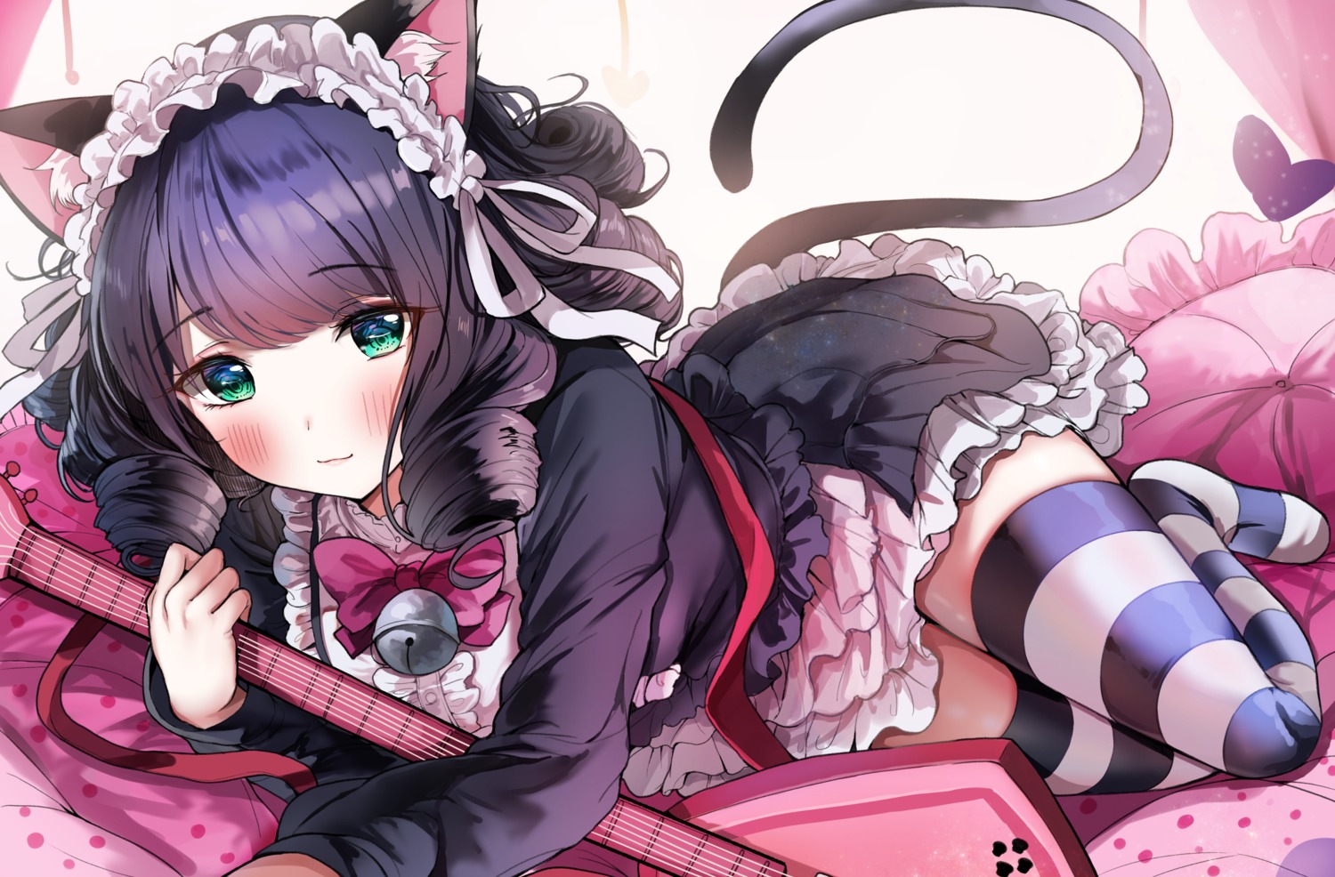 animal_ears cyan_(show_by_rock!!) guitar maid nekomimi sak show_by_rock!! skirt_lift stockings thighhighs