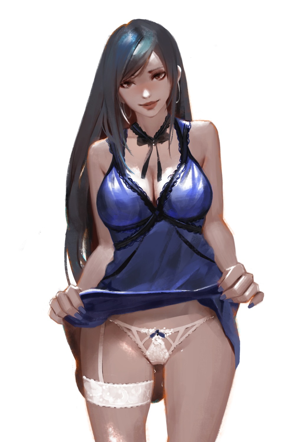 cleavage dress final_fantasy final_fantasy_vii hu_dako no_bra pantsu skirt_lift stockings thighhighs tifa_lockhart