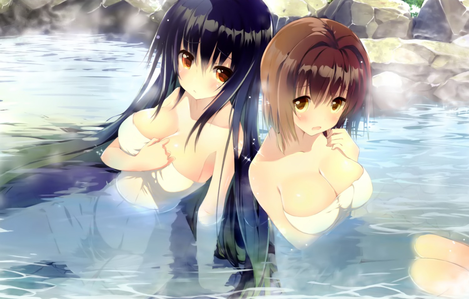 absolute_duo breast_hold hotaka_miyabi naked nimura_yuuji onsen tachibana_tomoe towel wet
