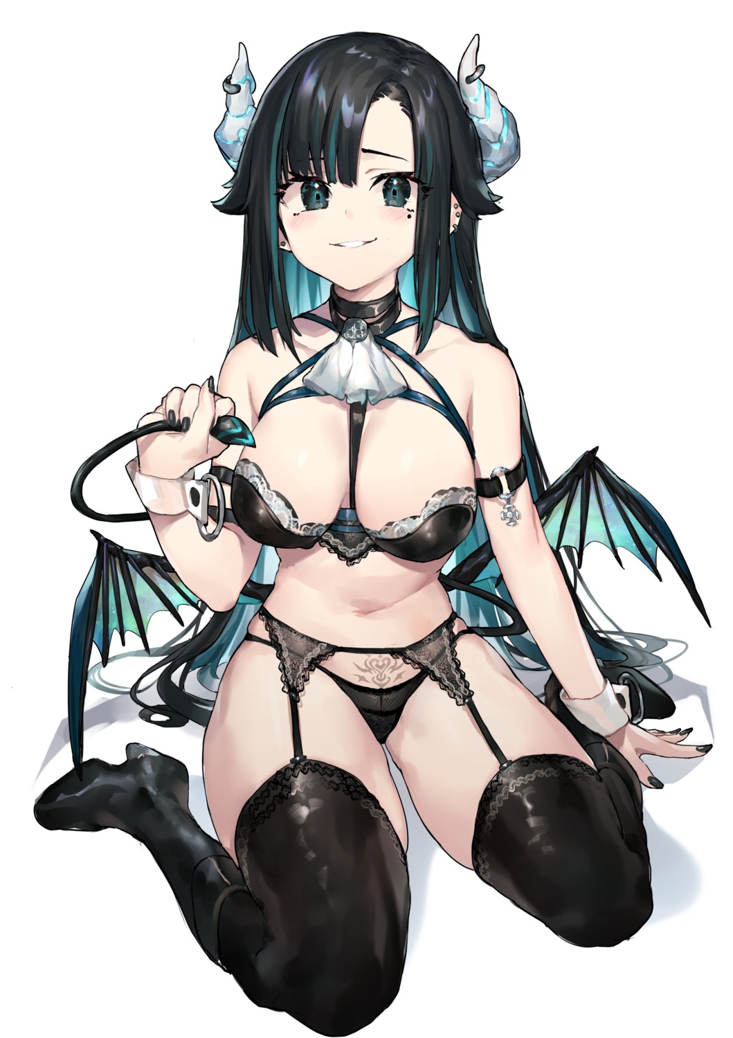 bra garter_belt heels horns neonbeat pantsu stockings tail tattoo thighhighs wings