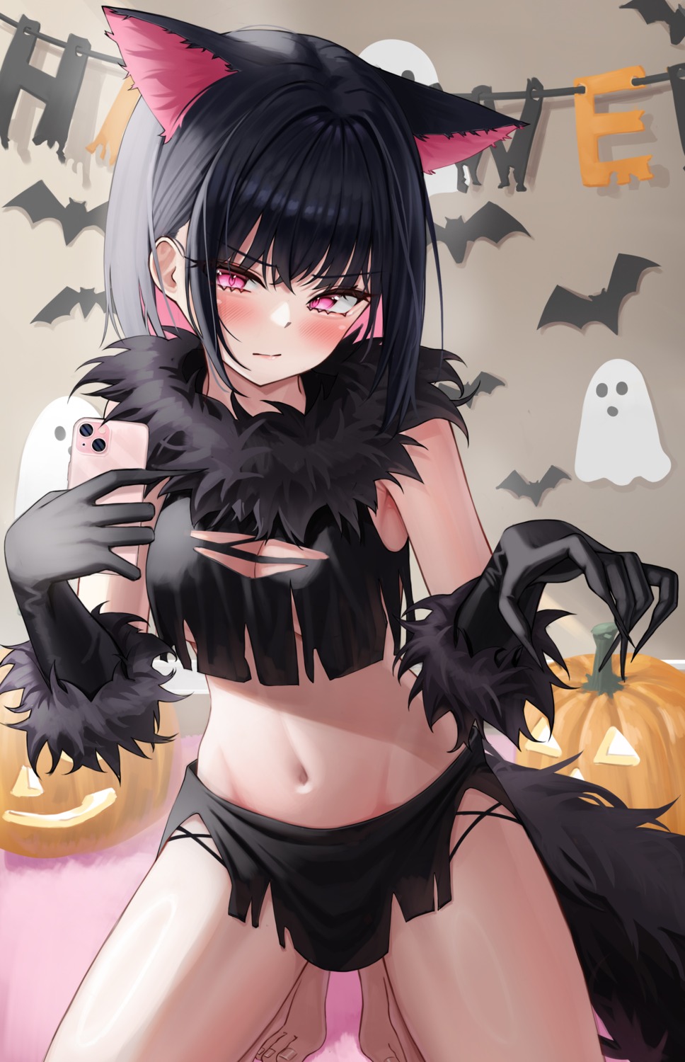 animal_ears blue_archive halloween hsxxx kyouyama_kazusa nekomimi no_bra selfie tail torn_clothes