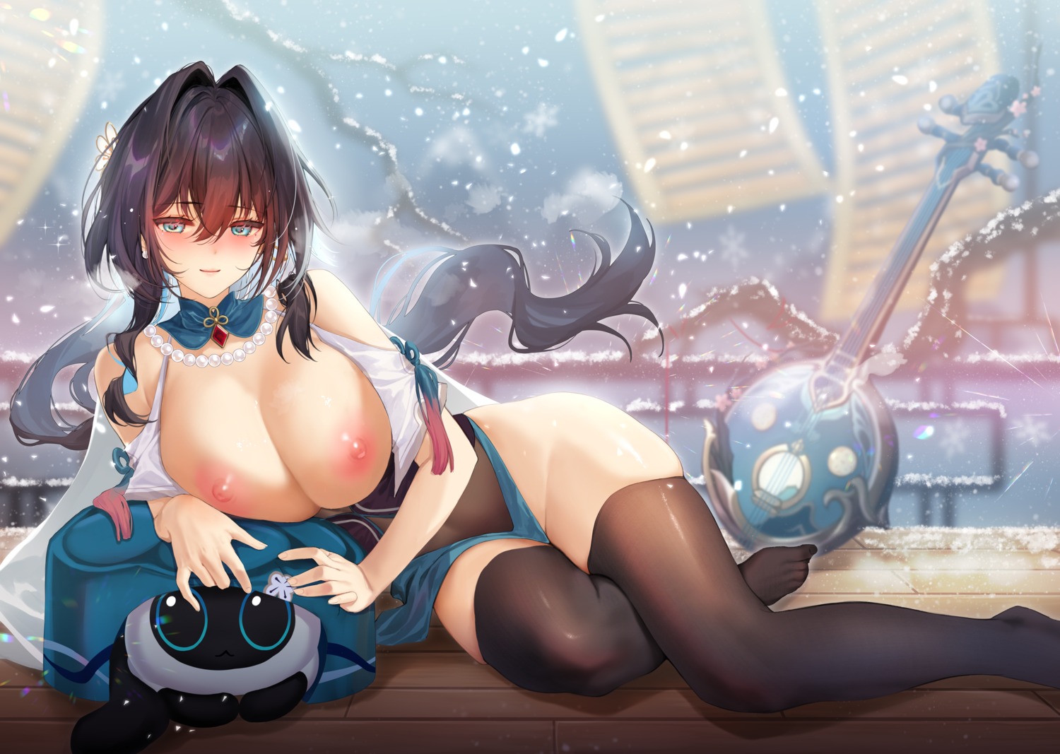 asian_clothes breasts honkai:_star_rail nipples no_bra nopan ruan_mei skirt_lift thighhighs xin