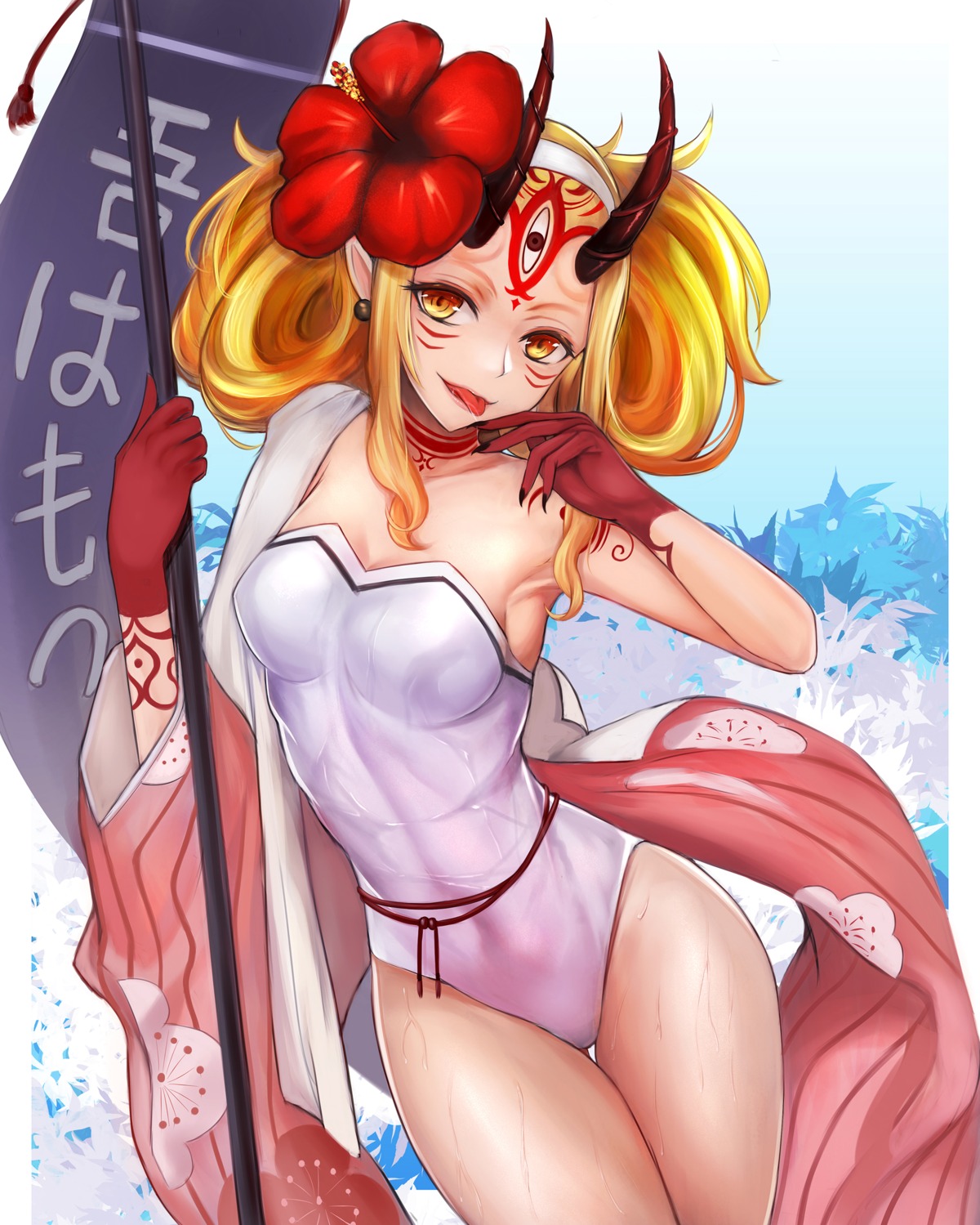 cleavage fate/grand_order horns ibaraki_douji_(fate/grand_order) japanese_clothes pointy_ears swimsuits tattoo wet ytoy