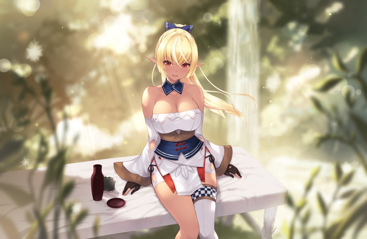 cait cleavage hololive japanese_clothes no_bra pantsu pointy_ears sake shiranui_flare string_panties thighhighs