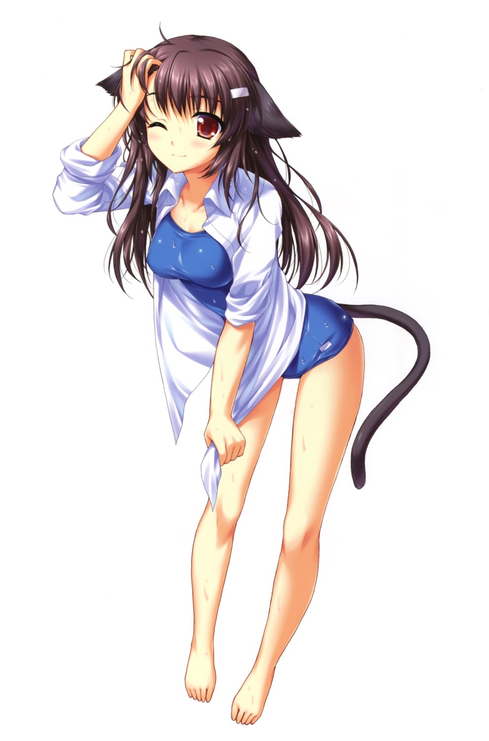 alpha animal_ears nekomimi open_shirt school_swimsuit swimsuits tail wet_clothes