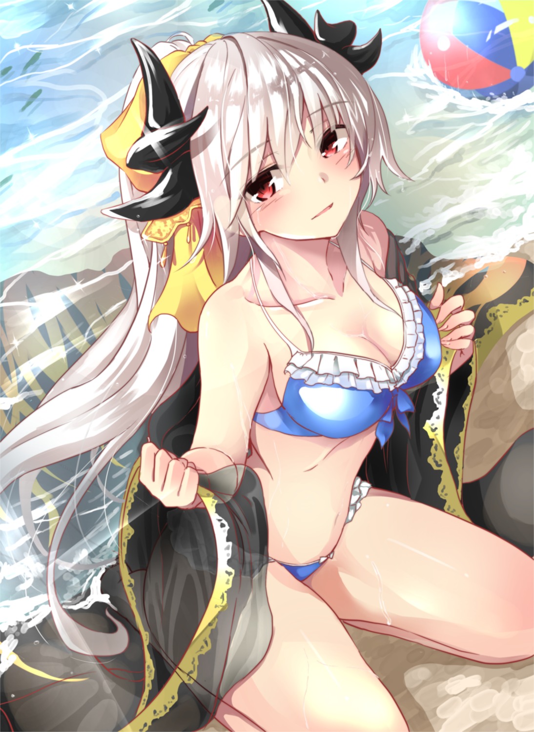 bikini cleavage fate/grand_order fuu_(fuore) horns kiyohime_(fate/grand_order) open_shirt see_through swimsuits