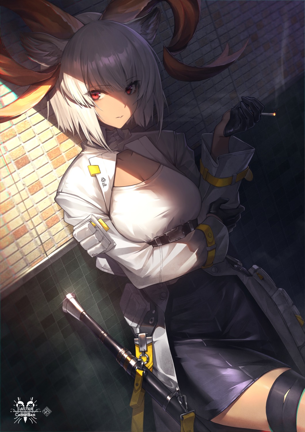 animal_ears arknights carnelian_(arknights) garter horns nonaginta_novem smoking