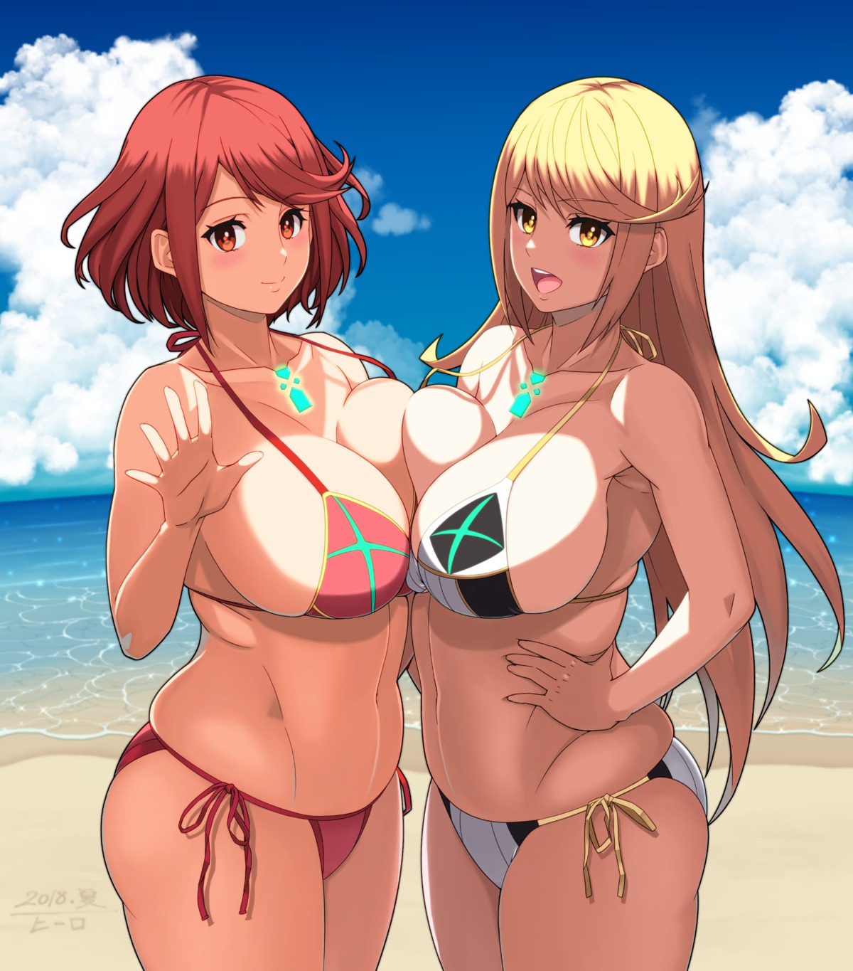 bikini hero_(do-belman) hikari_(xenoblade_2) homura_(xenoblade_2) swimsuits symmetrical_docking xenoblade xenoblade_chronicles_2