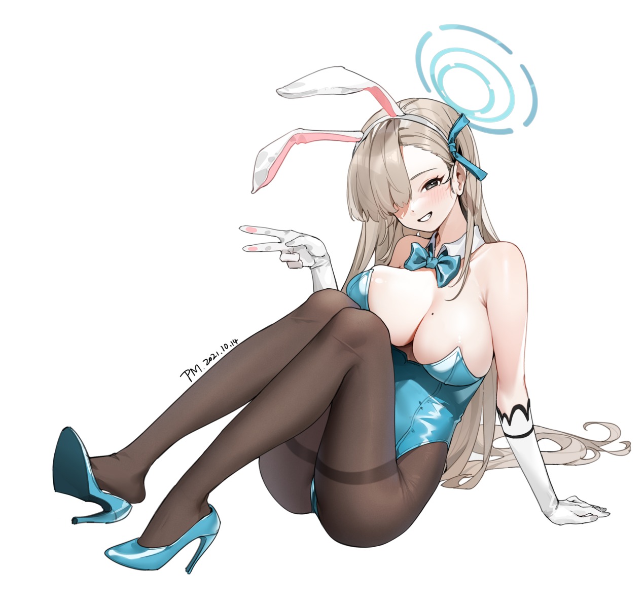animal_ears blue_archive bunny_ears bunny_girl guangsupaomian halo heels ichinose_asuna no_bra pantyhose