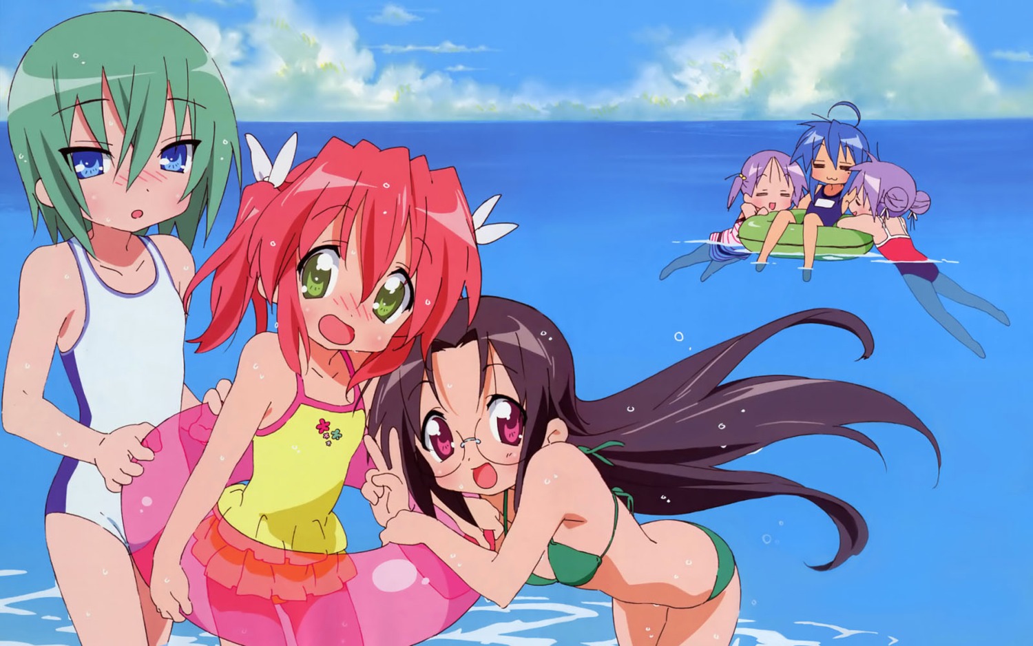 bikini hiiragi_kagami hiiragi_tsukasa iwasaki_minami izumi_konata kobayakawa_yutaka lucky_star megane nishiya_futoshi school_swimsuit swimsuits tamura_hiyori wallpaper wet