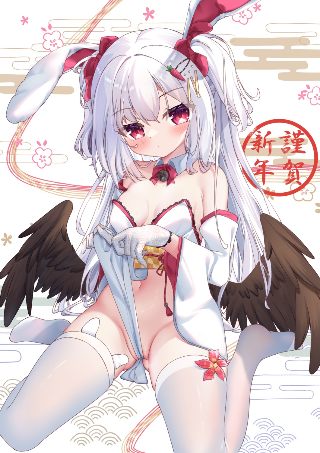 animal_ears bunny_ears bunny_girl hiyada_yuu no_bra nopan thighhighs wings