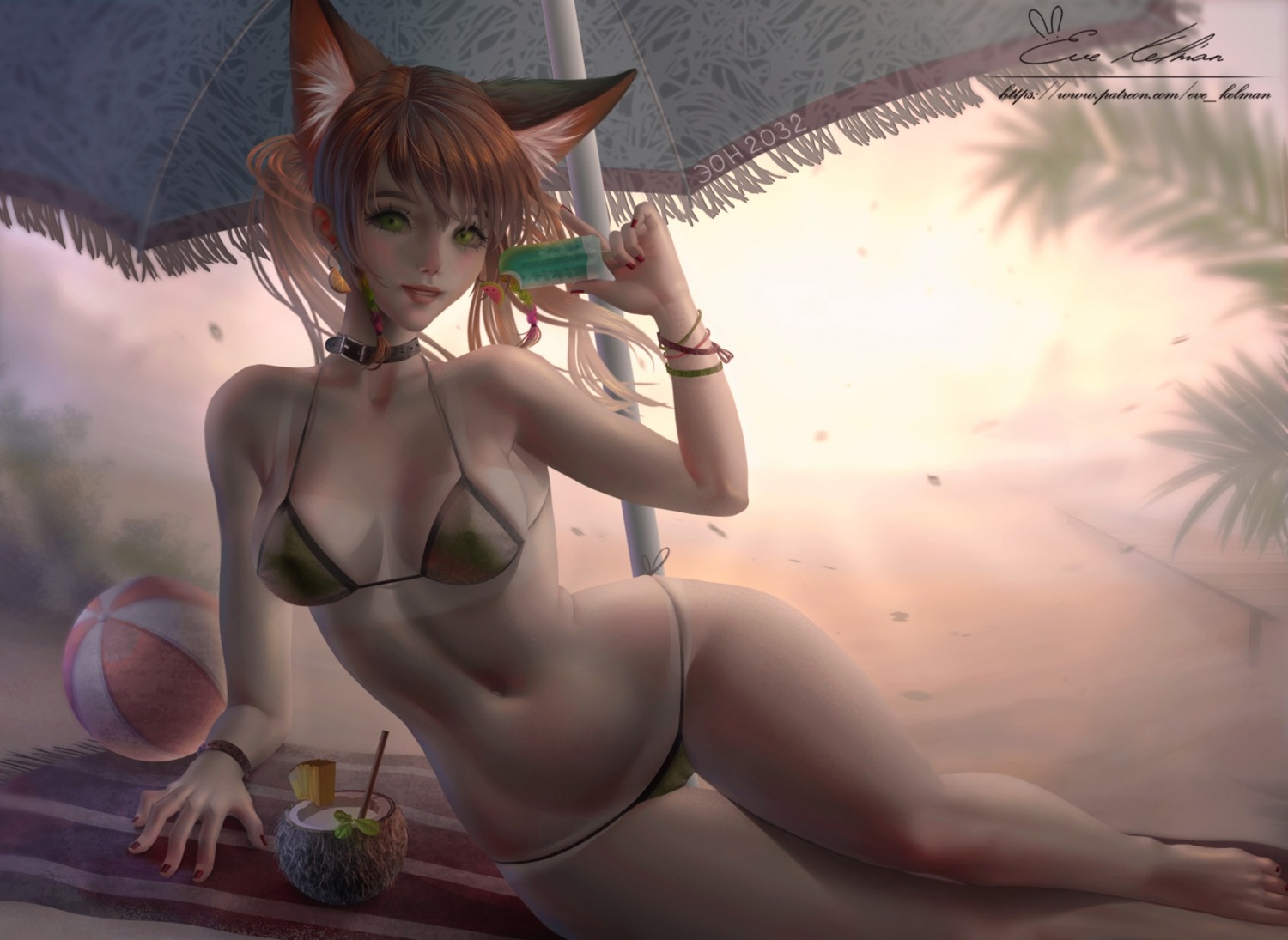 animal_ears bikini cameltoe erect_nipples eve_kelman nekomimi swimsuits tan_lines