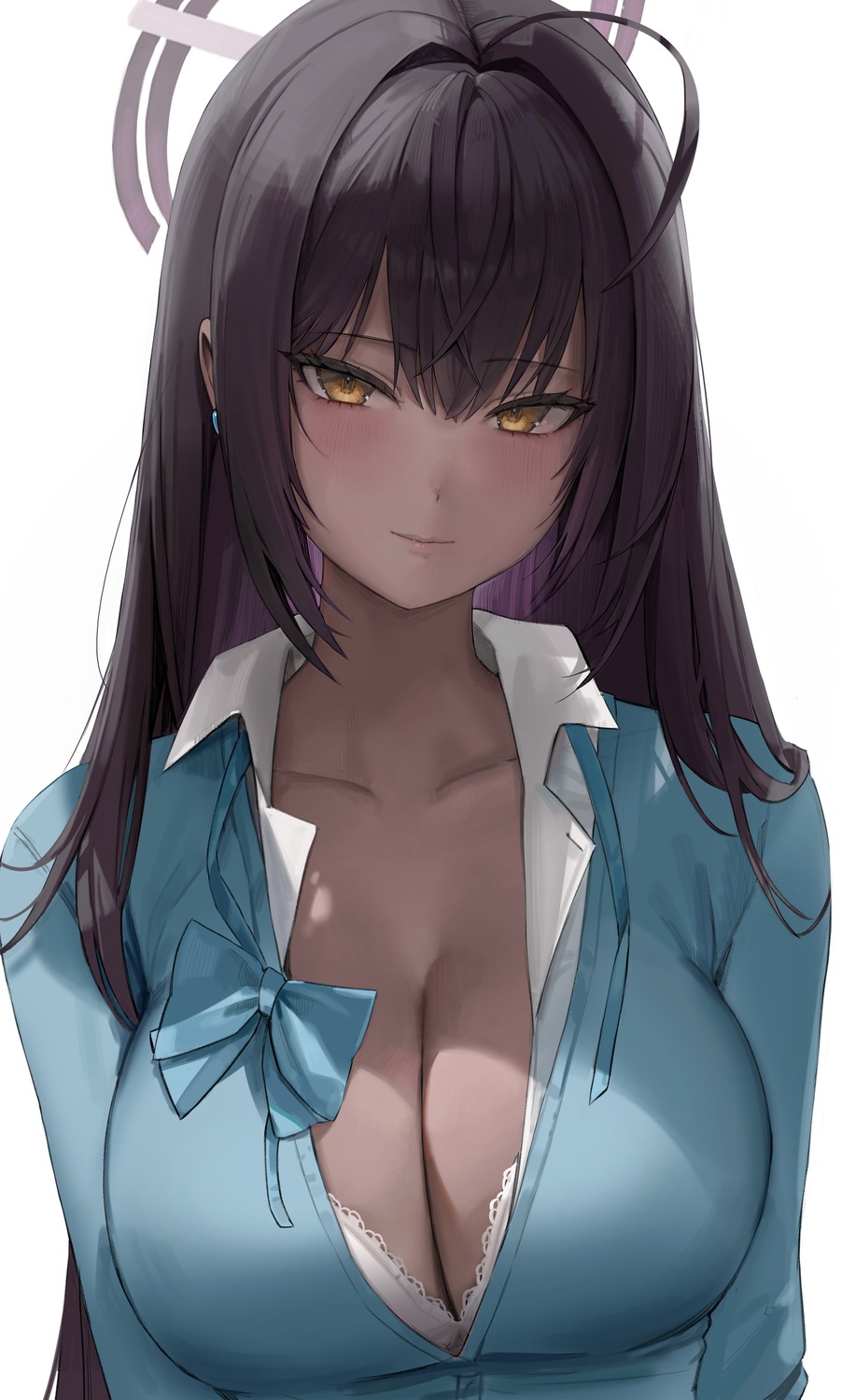 blue_archive cleavage freng halo kakudate_karin open_shirt seifuku sweater