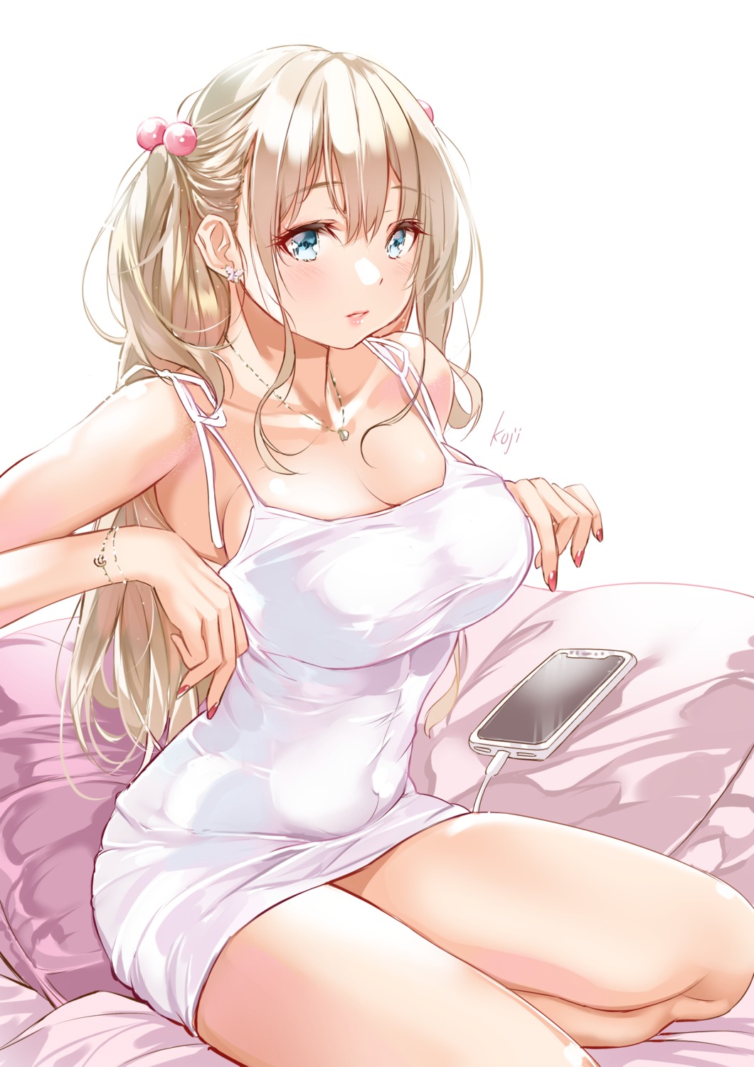 cleavage dress koji_(kojikojimdw) no_bra skirt_lift summer_dress