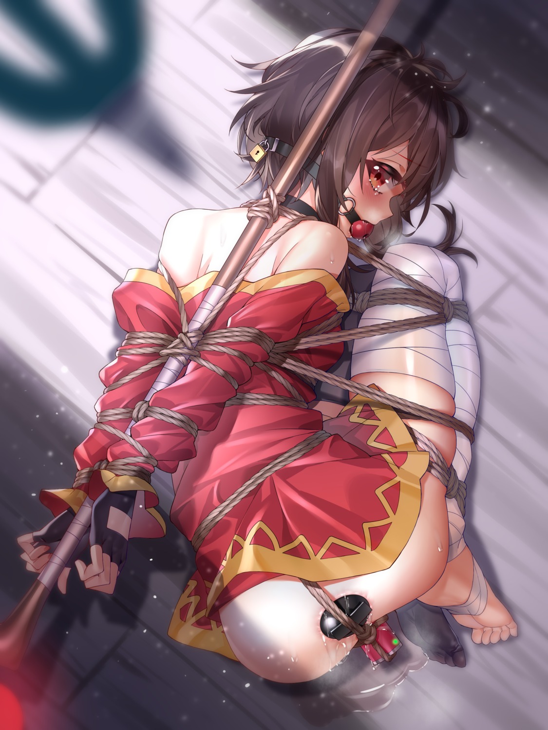 anal ass bandages bondage dildo dress ginklaga kono_subarashii_sekai_ni_shukufuku_wo! megumin no_bra nopan pussy_juice skirt_lift vibrator weapon