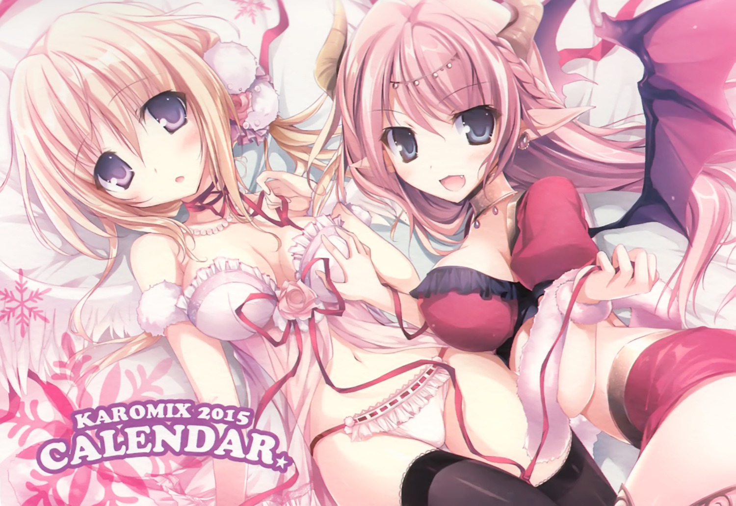 breast_hold cleavage horns karory lingerie pantsu pointy_ears see_through thighhighs wings yuri